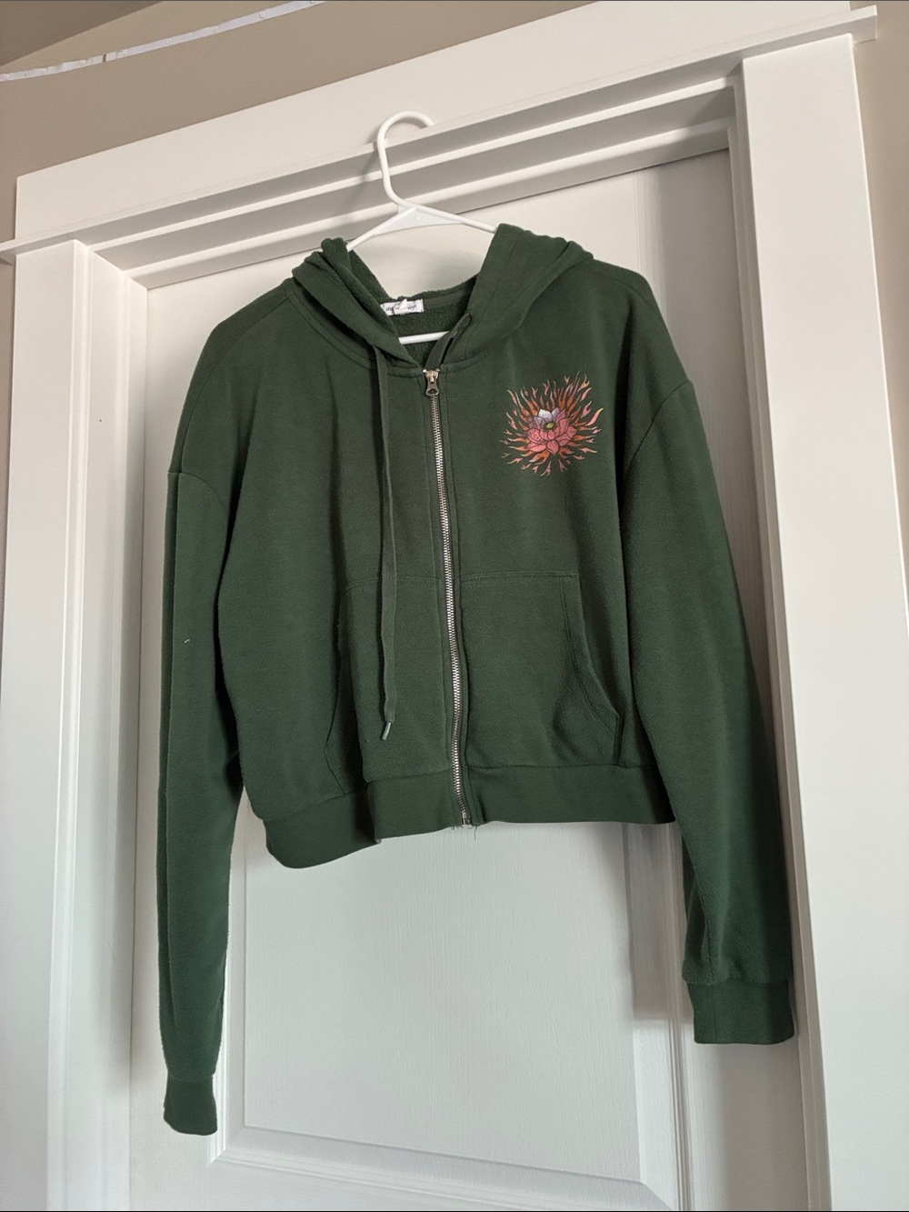 Women's Forest Green Zip Hoodie with Embroidered Floral Accent